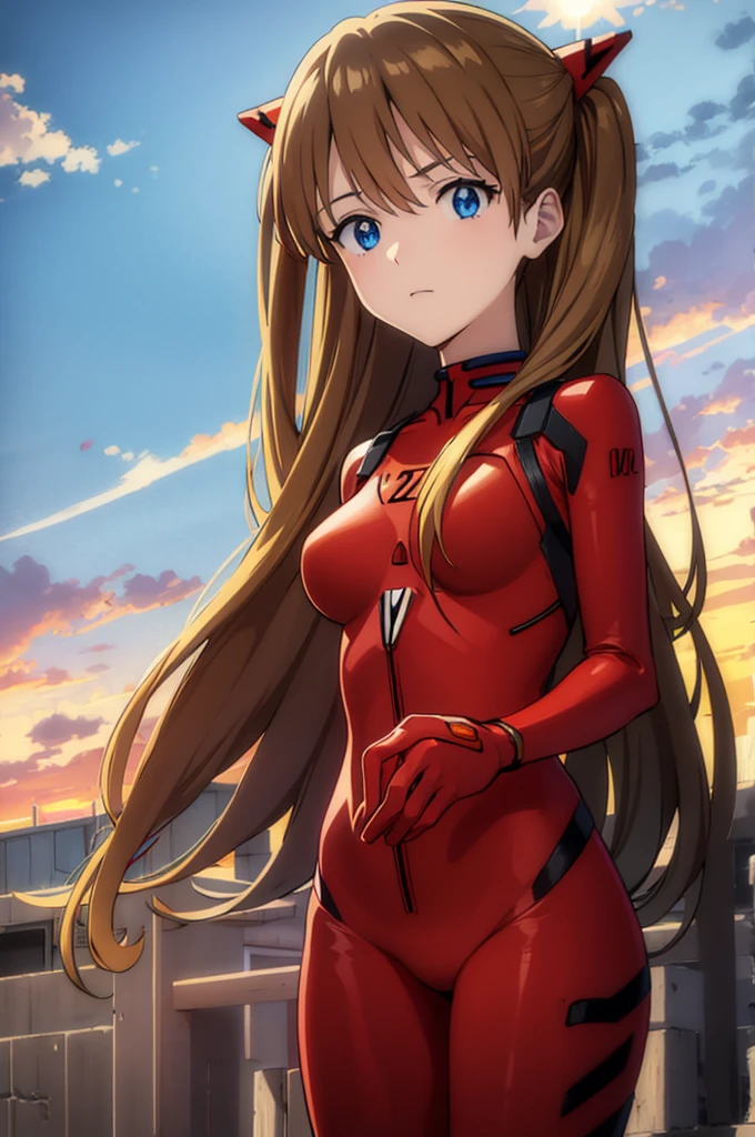 asukalangley, asuka langley soryu, (souryuu asuka langley:1.2), long hair, bangs, blue eyes, brown hair, hair ornament, BREAK bodysuit, pilot suit, plugsuit, (red bodysuit:1.5), interface headset, BREAK outdoors, city, sky, clouds, sun, BREAK looking at viewer, (cowboy shot:1.5), BREAK (masterpiece:1.2), best quality, high resolution, unity 8k wallpaper, (illustration:0.8), (beautiful detailed eyes:1.6), extremely detailed face, perfect lighting, extremely detailed CG, (perfect hands, perfect anatomy), big breasts