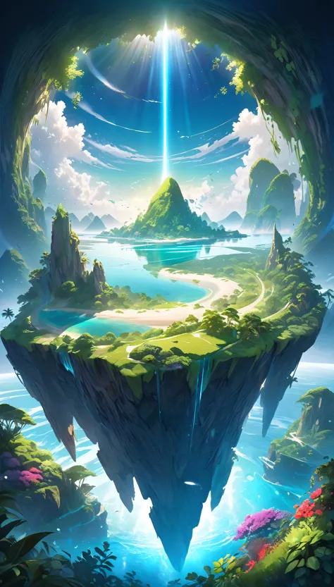 super detailed, super complicated, extremely precise, an island that emits a mysterious light, transparent full color, holograph...