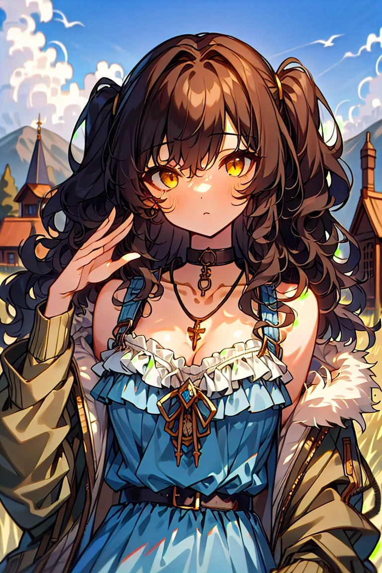 (masterpiece:1.2), (high quality:1.2), girls with((black hair, yellow eyes, (wavy long hair, one side up:1.52), bare shoulders, breasts, choker, cleavage, coat, collar, collarbone, cowboy shot, dress, blue clothes, camisole, (rosary, rosary choker, cross:0.7), necklace, fur, fur collar, fur trim, hood down, hooded jacket, hoodie, jacket, large breasts, long hair, long sleeves, black belt, suspenders, medium breasts, medium hair, necklace, open clothes, open hoodie, sleeveless, solo, winter clothes, zipper, cleavage, upper body, hand up, waving, palm)), background with((architecture, blue sky, bush, castle, village, no humans, cloud, cloudy sky, day, field, garden, grass, hill, house, lamppost, landscape, mountain, mountainous horizon, nature, no humans, outdoors, scenery, shrine, sky))