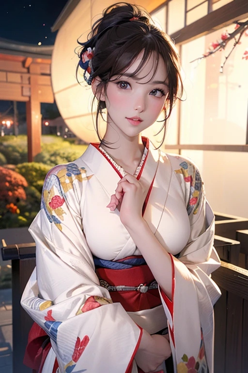 (arte oficial、de la máxima calidad、fondo de pantalla de unidad 8k、obra maestra、Resolución ultraalta)、esbelto、pechos amplios、fondo muy detallado、Beautiful girl in yukata、(rostro y ojos muy detallados、Hermoso rostro、Ojos bonitos、hermosa nariz、Bonitos labios)、Relaciones íntimas、Una mirada amiga、jardín japonés、tiro de vaquero、luz de la luna、paisaje de otoño、