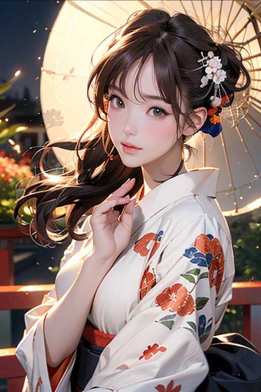 (Official Art、Highest quality、Unity 8k wallpaper、masterpiece、Ultra-high resolution)、Slender、Ample breasts、Highly detailed background、Beautiful girl in yukata、(Highly detailed face and eyes、Beautiful Face、Beautiful Eyes、Beautiful nose、Pretty lips)、Intimate Relationships、A friendly gaze、Japanese garden、Cowboy Shot、moonlight、Autumn scenery、