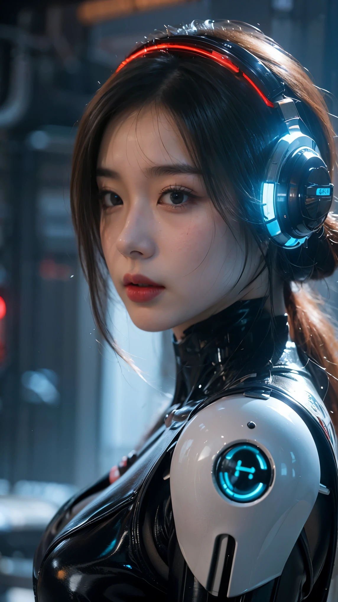 Create a highly detailed and close-up image of a young woman with a cybernetic appearance. She has an intricate, futuristic helmet and mechanical components integrated into her head and neck. Her skin shows a realistic texture with slight imperfections and freckles, giving her a lifelike appearance despite her robotic enhancements. The background is slightly blurred, focusing attention on her expressive eyes and the detailed machinery, creating a blend of human and technology in a visually stunning sci-fi scene.