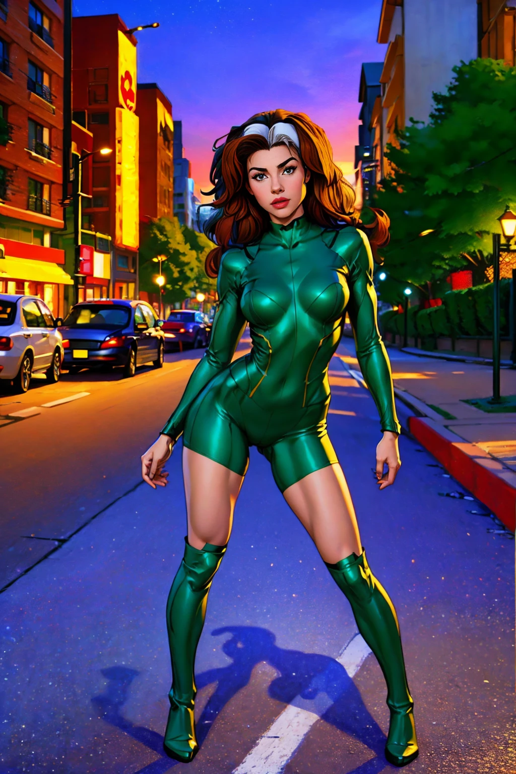 ((Full body shot, standing, feet on the ground)) Rogue, X-Men, (best quality, 4k, 8k, high resolution, cyclist body, masterpiece: 1.2), ultra-detailed, (realistic, photorealistic, photorealistic: 1.37), full body photo, yellow high boots, voluminous hair, beauty pose, standing, show feet, outside, city roof at night, green bandana
