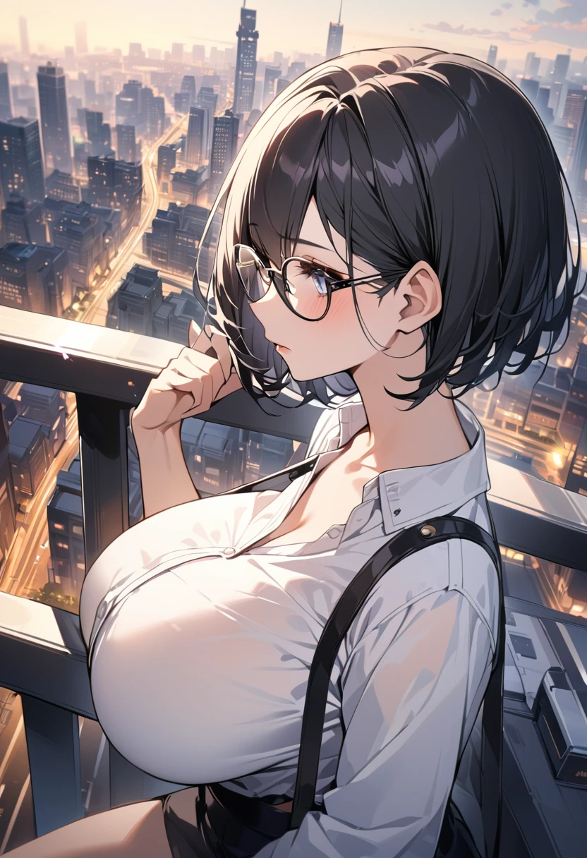 Highest quality,Highest Resolution,sexy，Big Breasts,so beautiful，1 female，young woman，alone，Black Short Hair，Glasses, city，Calm expression