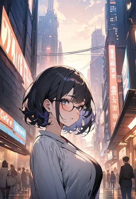 highest quality,highest resolution,sexy，big breasts,so beautiful，1 female，young woman，alone，black short hair，glasses, city，calm ...