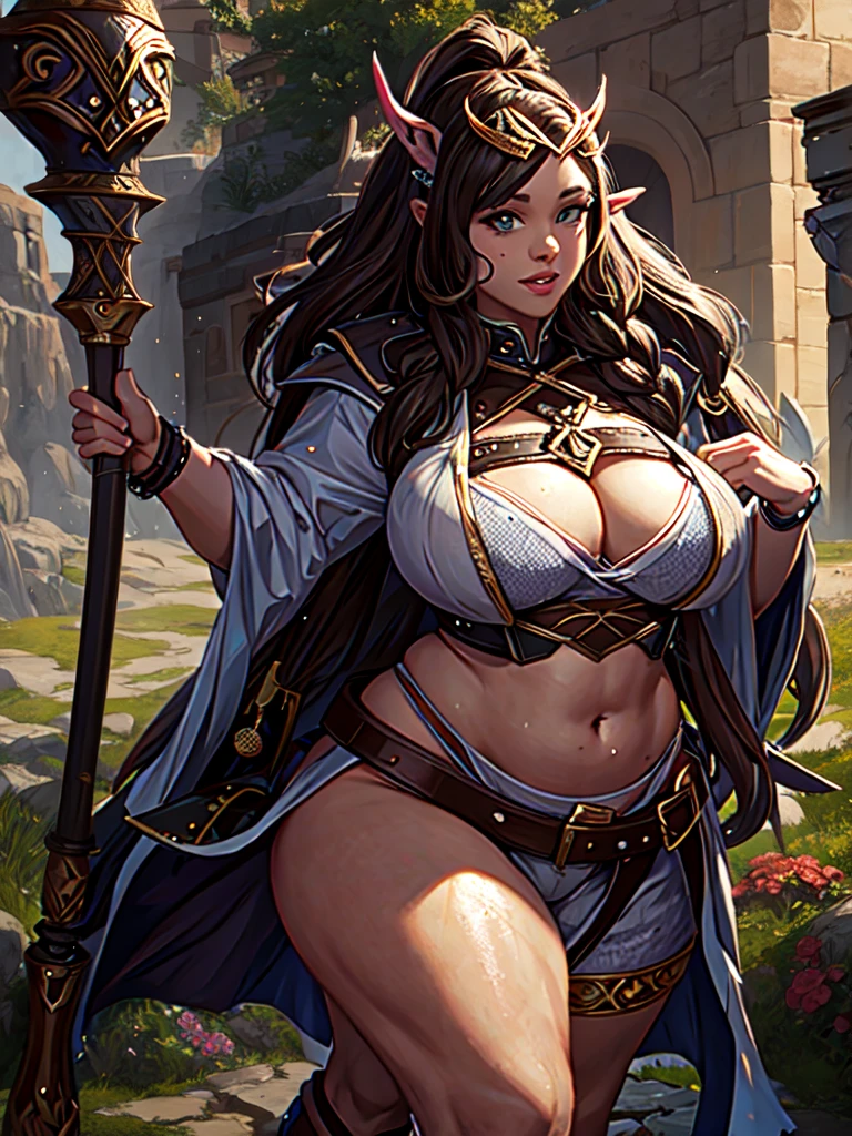 A stunning beauty voluptuous female dwarf from the Tolkien's "The Lord of The Rings", short pointed ears, height about 150 cm. Wearing a white dirty shirt and brown jumpsuit, also a googles on her head, holding a big hammer. A rock mountain in the background. Beautiful wavy short black hair, beautiful eyes, beautiful pink lips, beautiful big chest, beautiful navel, beautiful hips, beautiful thick thighs, beautiful legs. Very detailed anatomy, very detailed face, very detailed background, very detailed clothes. Photorealistic HD image, very wide angle, top to toes, full body, A Masterpiece.