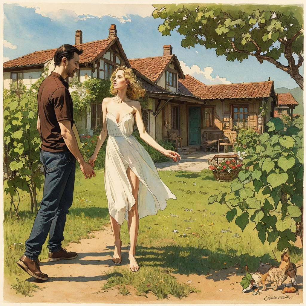 Full body view, naked man and woman with shaved pussy work in a vineyard on  a hi - SeaArt AI