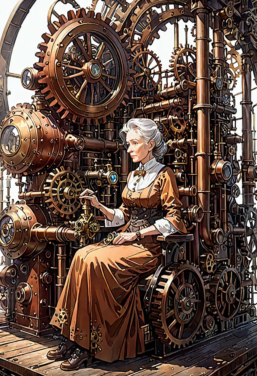 a steampunk old woman sitting inside a massive mechanical device, steampunk, watercolor style, watercolor pencils, paper texture...