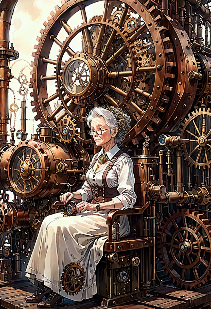 a steampunk old woman sitting inside a massive mechanical device, steampunk, watercolor style, watercolor pencils, paper texture...