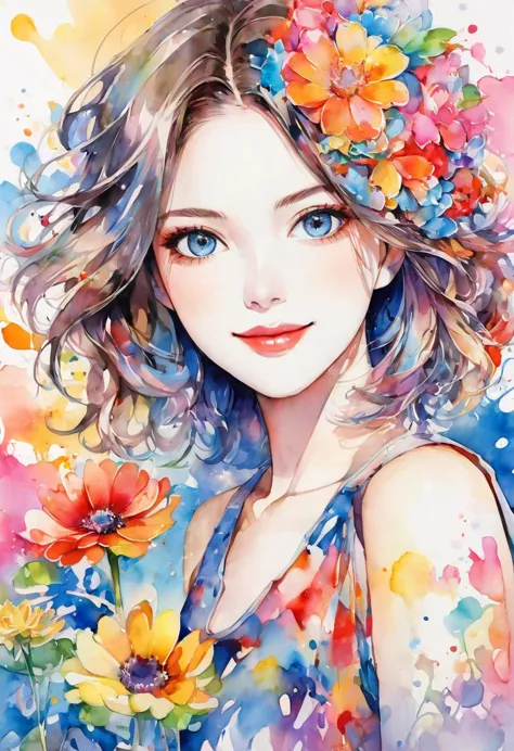 beautiful woman portrait, cute smile, sylvia pelissero watercolors, colorful flowers, beautiful eyes,  upper body, abstract art,...