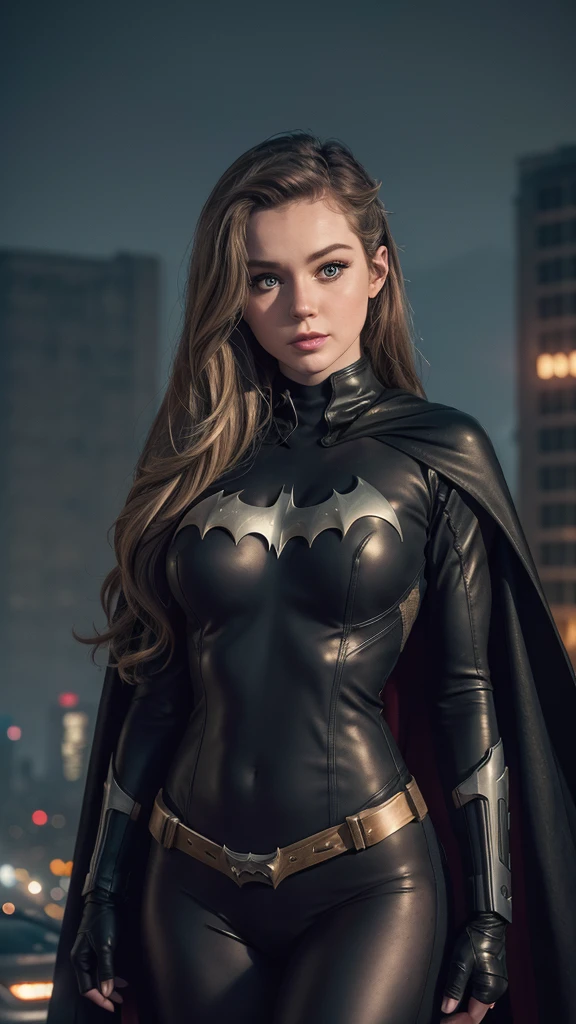 RAW, Best quality, high resolution, Masterpiece: 1.3), Beautiful Barbara Gordon as Batgirl, Masterpiece, Serene expression, Realistic, 1girl, Charming eyes, Pointed ears, Defiant pose, Detailed costume, Nylon bodysuit, Utility belt, Bat emblem, Gargoyles in the background, Rooftop scenario, Dark night, City lights reflecting, Dramatic shadows, Detailed textures, Rain effects, Volumetric lighting, Foggy ambiance, Empty rooftop, Batcar in the distance,(black cape)

RAW, Best quality, high resolution, Masterpiece: 1.3), Barbara Gordon as Bat