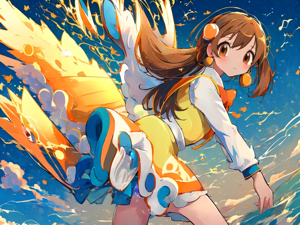 (masterpiece, Highest quality:1.2), Very detailed,Bright colors, 4K, by 2 person, jasmine \(Pokemon\), Princess Dress, White jacket, Round orange ribbon, Brown eyes,(Water cannons:1.1), Pokemon, Squirtle_Pokemon, jasmineとSquirtleを一人ずつ