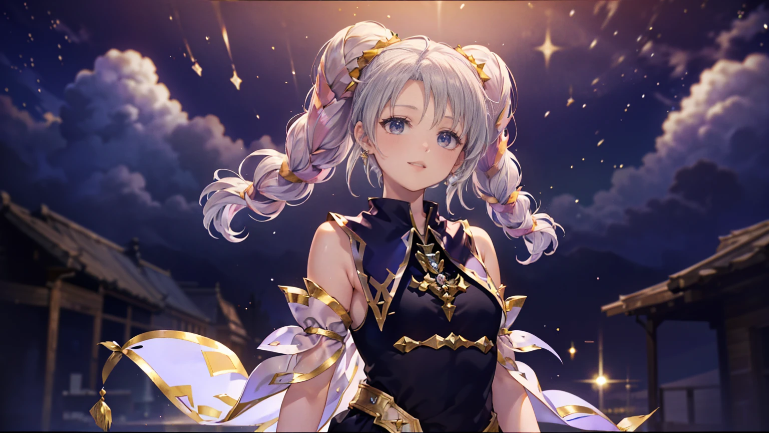 (Highest quality, masterpiece, Very detailedな, Very detailed, Exquisite, 16K,Full HD),Twin tails,Golden Ratio,Dramatic lighting,pastel colour,Soft lighting, ((alone:1.5)),full moon,Starry Sky,meteor群,meteor,((head shot,Photo from the shoulders up)),(Fairy Princess, Purple eyes, Long eyelashes,White skin,slim,pale pink plump lips,Pale pink cheeks, The wind is blowing,White fluffy hair,thin and long,(thin and high nose,Small Nose),,Silver decoration,Diamond Tiara,Diamond Earrings,Diamond Earrings, Silver lace and frills,(smile:1.2), (Fantasy, Romantic atmosphere), Magic Light,The magic of lightning,