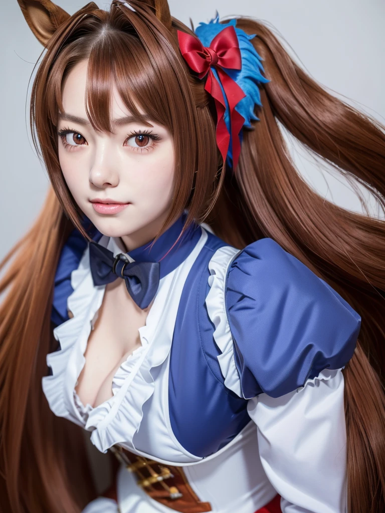 daiwa scarlet, brown hair, hair intake, red eyes, long hair, twintails, animal ears, horse girl,
BREAK (Highest quality, 16K, masterpiece:1.55), Ultra detailed face, Detailed lips, Detailed eyes, double eyelid, 
BREAK (Happy smile), upper body, (Seductive pose:1.6), (low angle shot, dutch angle, dynamic angle:1.5),
BREAK 1girl, 18years old, full Breasts, Lanky Height, (big hips:1.35), 
BREAK tiara, Horse tail, Epaulettes, Garter Straps, Long sleeve, Large Breasts, Red eyes, bow tie, Puff sleeves, Blue jacket, White knee socks, Center frill, White shirt, White Skirt, Blue Skirt, Hair Ribbon, 
