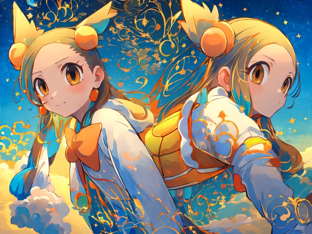 (masterpiece, Highest quality:1.2), Very detailed,Bright colors, 4K, by 2 person, jasmine \(Pokemon\), Princess Dress, White jacket, Round orange ribbon, Brown eyes, Pokemon, Squirtle_Pokemon, jasmineとSquirtleを一人ずつ
