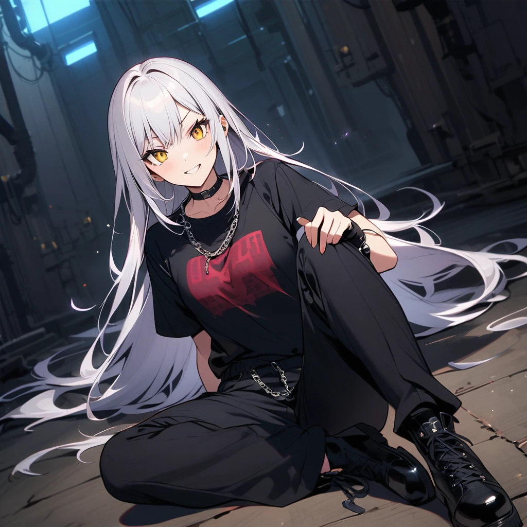 (well done: 1) woman, long straight white hair, yellow eyes, black choker, loose white long-sleeved t-shirt, black fingerless gloves, black pants with some chains around them, black boots.