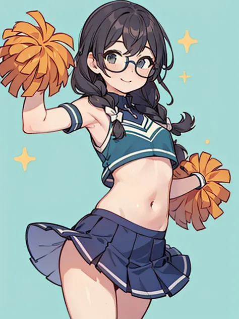 whole body，Shoulder Bare，Glasses，Braid，Cheerleader Costume，Small breasts，dance，smile，Belly button