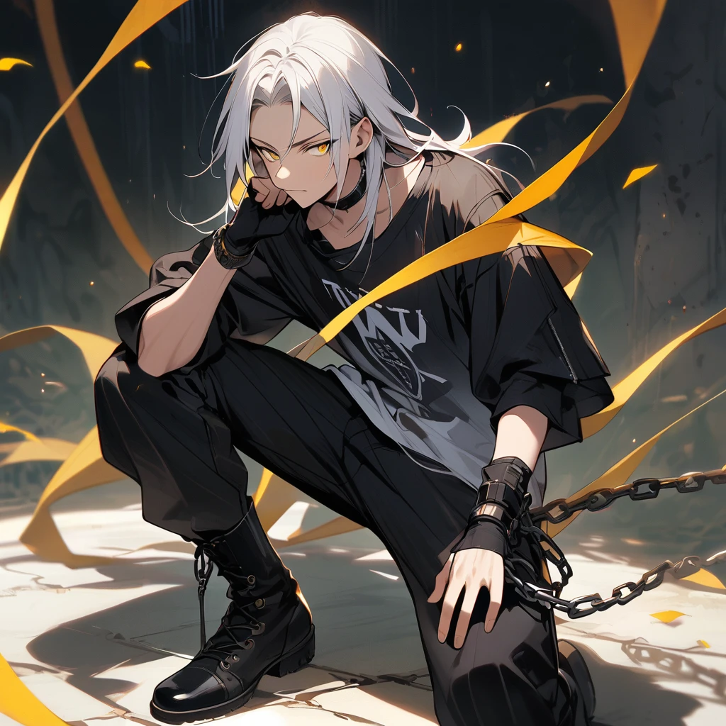 (well done: 1) man, long straight white hair, yellow eyes, black choker, loose white long-sleeved t-shirt, black fingerless gloves, black pants with some chains around them, black boots.