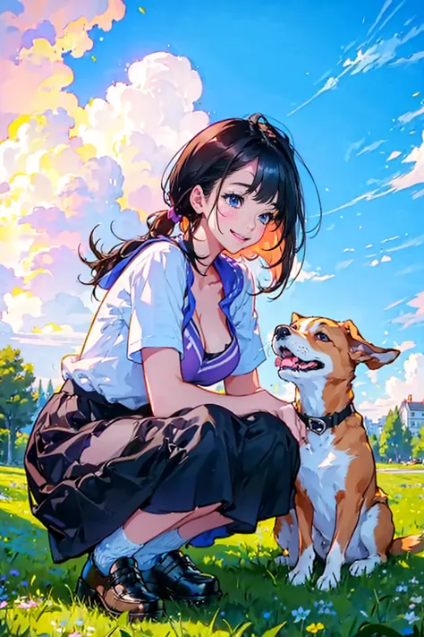 1girl and 1dog,dog is small,cute,smile,bigbreast,cleavage, shirt and skirt,student,she feed dog,squat,in morning,brilliant sky
