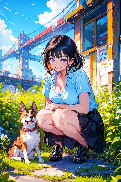 1girl and 1dog,dog is small,cute,smile,bigbreast,cleavage, shirt and skirt,student,she feed dog,squat,in morning,brilliant sky
