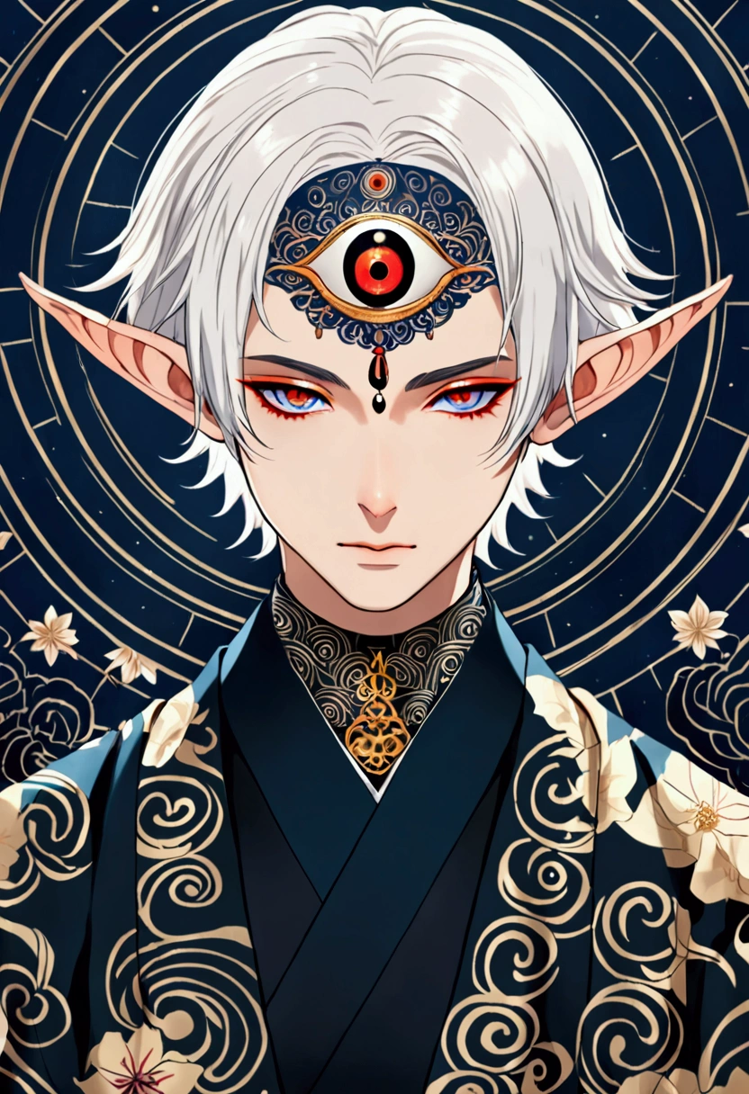 Japanese Anime，Gothic Art，(((1 Boy，独奏，third eye on the forehead，Dark eyeshadow.Middle-parted white hair-super short hair，Elf ears))),(((Gorgeous Japanese kimono：1.6，Eye Diagram，Dark Pattern))).(((blue)))，Soft and elegant colors