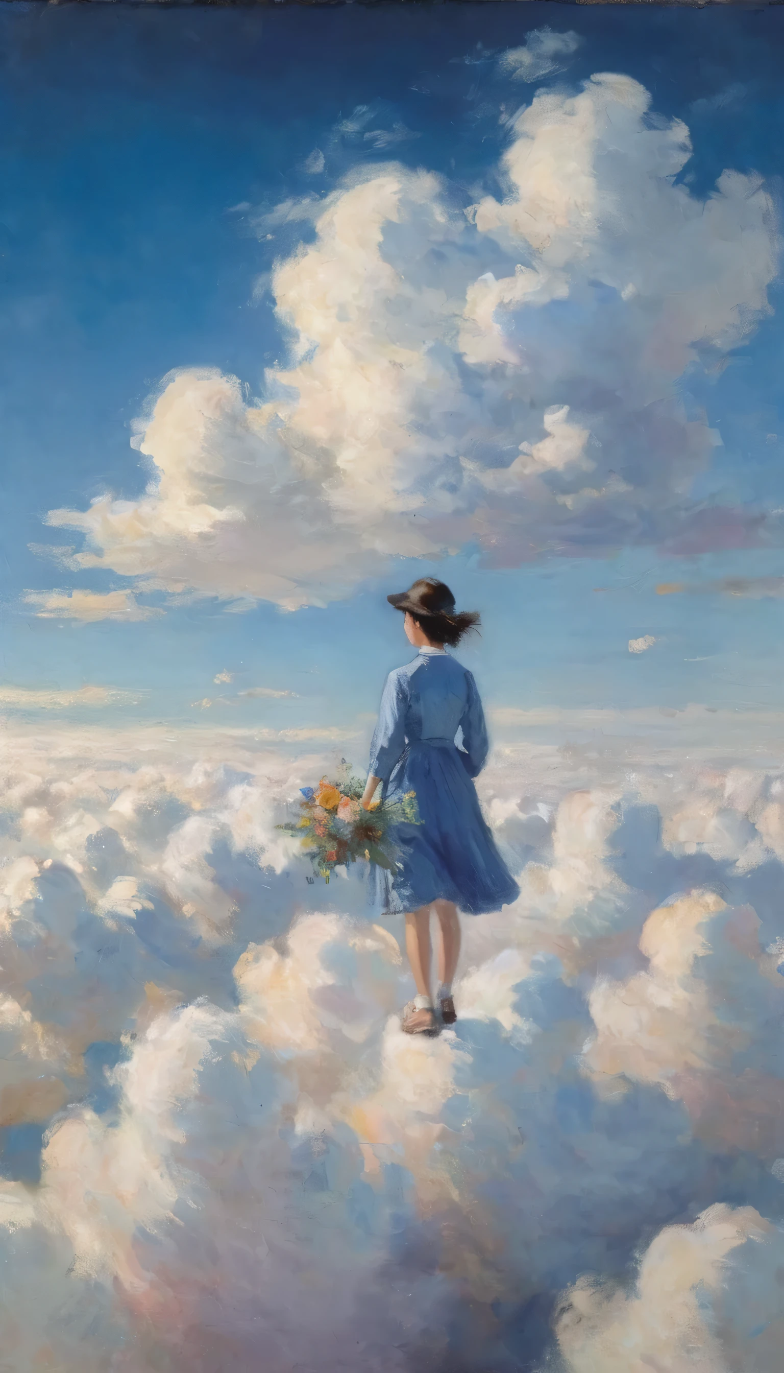 (View from above the clouds:1.6), Girl Flying in the Sky、Holding a bouquet、Beautiful Face、(Oil pastels:1.4), Mad Paint、Dark blue sky、White cumulonimbus cloud、Masterpiece、Highest quality、Golden Ratio、Impressionism、pastel colour、impressionist painting、