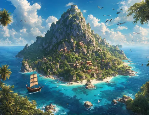 (bird&#39;s eye view:1.5)，an ancient treasure map，horizon leading to an exotic island。the island is covered with lush tropical v...