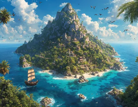 (bird&#39;s eye view:1.5)，an ancient treasure map，horizon leading to an exotic island。the island is covered with lush tropical v...