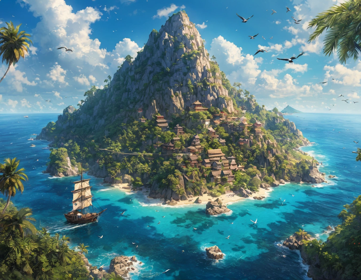 (Bird&#39;s eye view:1.5)，An ancient treasure map，Horizon leading to an exotic island。The island is covered with lush tropical vegetation、Mysterious ancient buildings and a towering mountain。This is an obvious destination for daring explorers。The sky is dotted with birds，There&#39;s a sense of adventure in the air，The boundless blue sea is inhabited by various marine creatures.。A wooden boat with an elegant sail awaits in the nearby bay.，Prepare to start a cross-sea journey。