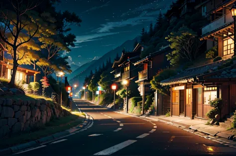 Straight road through hilly area, There is a street lamp on the side. At night ,Chillout、City