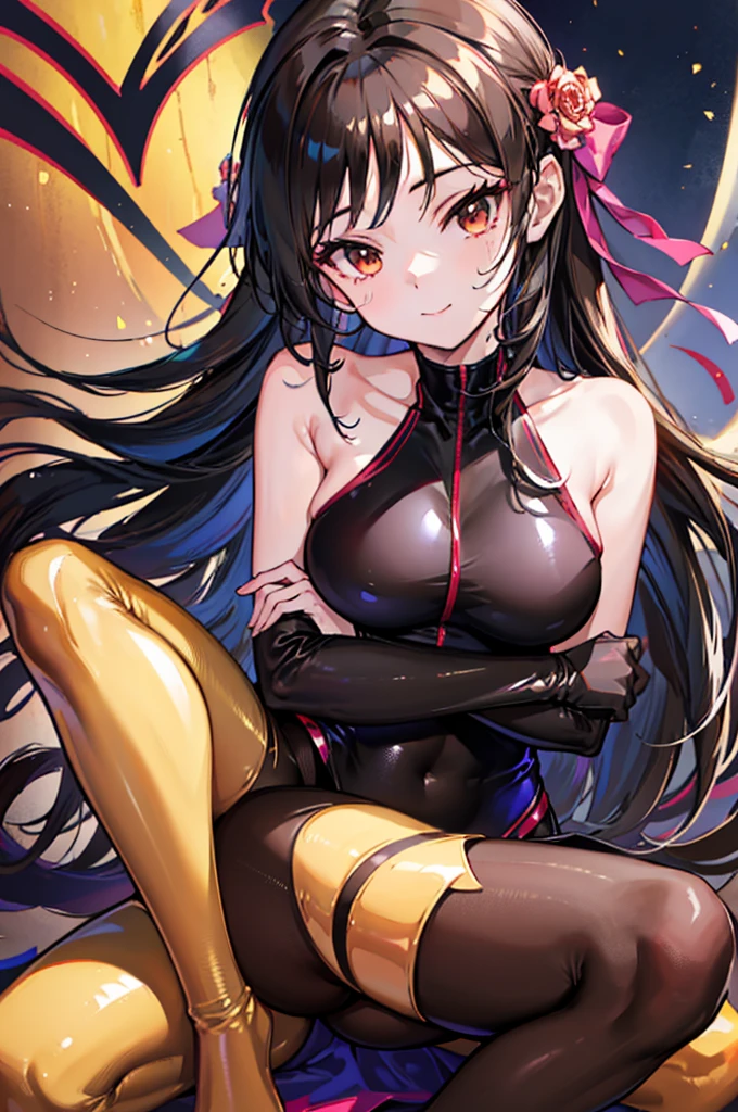 Highest quality　Highest quality　Draw a face carefully　High-definition anime-style face　Super Glowing Skin　Long black hair　Brown leotard　Golden pantyhose　Succubus　lure　smile　squat　Show the soles of your feet　Close up of the soles of the feet
