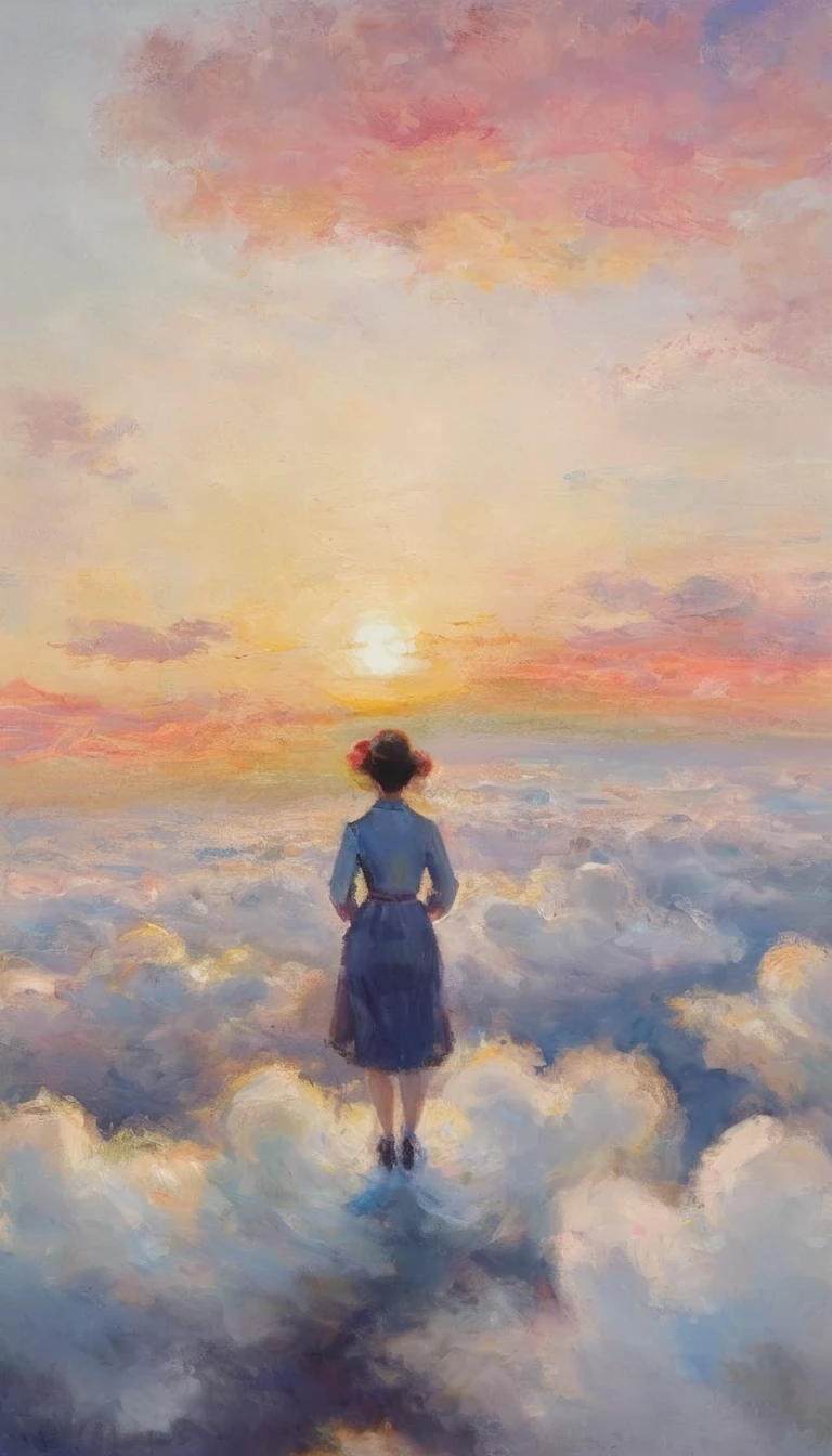 A painting with great depth、(View from above the clouds:1.6), Girl Flying in the Sky、Holding a bouquet、Beautiful Face、(Oil pastels:1.4), Mad Paint、Deep crimson sky、White cumulonimbus cloud、Masterpiece、Highest quality、Golden Ratio、Impressionism、pastel colour、impressionist painting、