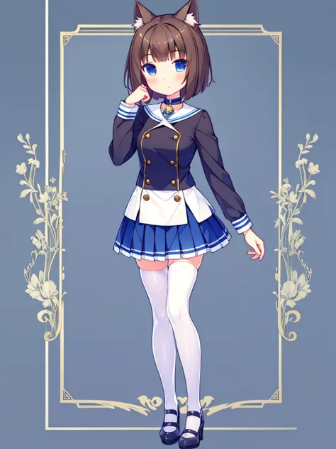 vtuber excellent quality very detailed girl short brown hair brown eyes blue eye with cat ears short pleated skirt long white st...