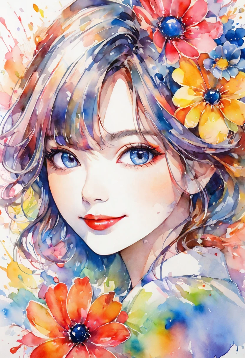 beautiful woman portrait, cute smile, Sylvia Pelissero watercolors, colorful flowers, beautiful eyes,  upper body, abstract art, intense watercolor, watercolor detailed art, watercolor splash, surreal, avant-garde pop art, Beautiful and expressive paintings, Beautiful artwork illustration, very colorful tones, wonderful, cool beauty, highest quality, official art, women only, sharp outline, best shot, vector art, lips in love、 (((The strongest beautiful women of all time))), (((Japanese)))、clear, (((highest quality))), lips in love, HDR, ((Detailed details)), stylish fashion, detailed clothing texture, (((graffiti art))), colorful hair, ((masterpiece))、((Super detailed))