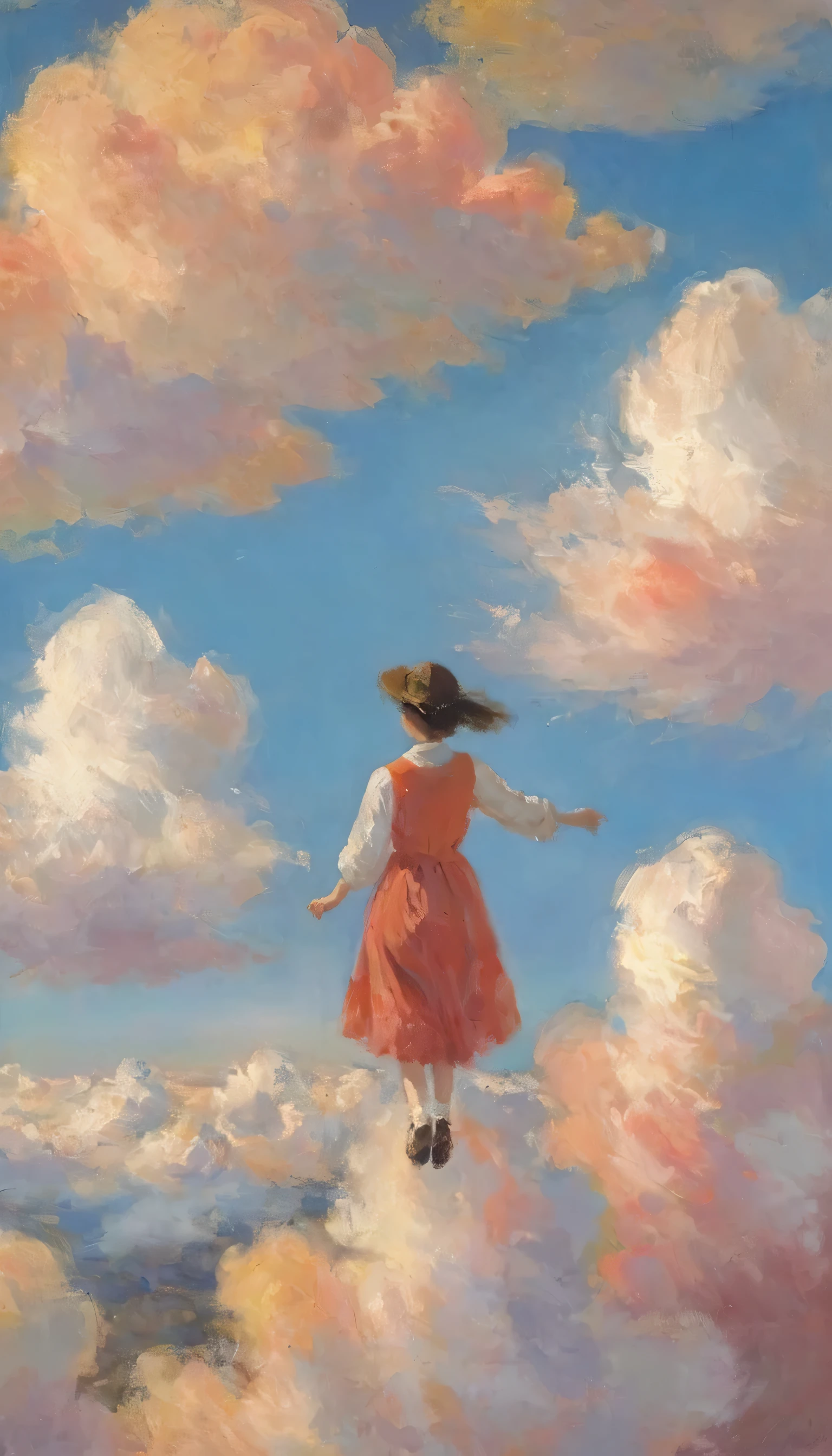 A painting with great depth、(View from above the clouds:1.6), Girl Flying in the Sky、Holding a bouquet、Beautiful Face、(Oil pastels:1.4), Mad Paint、Deep crimson sky、White cumulonimbus cloud、Masterpiece、Highest quality、Golden Ratio、Impressionism、pastel colour、impressionist painting、