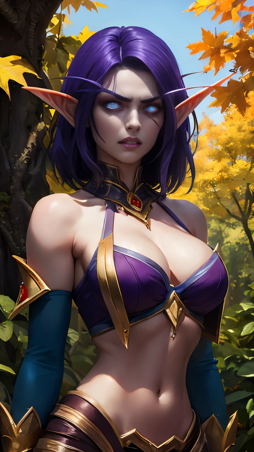 (Masterpiece, highly detailed, highly quality,  highly resolutions), 2heads, Right head, BREAK nightelf, angry, clenched teeth, glowing eyes, blue eyes, Purple Hair, colored skin, mature female, purple midriff, navel, purple spike shoulder pad, platinum trim, green leaves, jewelry, looking at viewer, forest, night, bare shoulders, spring season, 2heads, left head, BREAK bldelf, angry, clenched teeth, glowing eyes, yellow eyes, Blonde hair, colored sclera, mature female, red short shirt, navel, red shoulder pad, gold trim, yellow leaves, jewelry, looking at viewer, forest, day, bare shoulders, Fall season