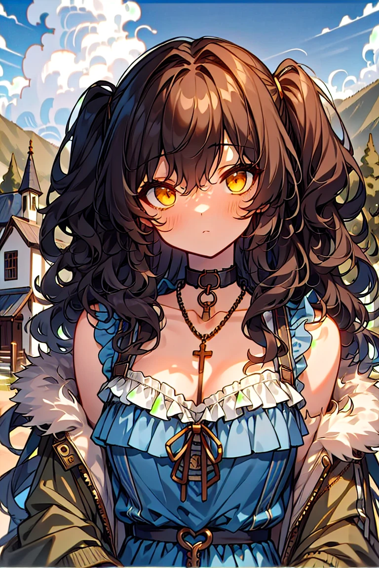 (masterpiece:1.2), (high quality:1.2), girls with((black hair, yellow eyes, (wavy long hair, one side up:1.52), bare shoulders, breasts, choker, cleavage, coat, collar, collarbone, dress, blue clothes, camisole, (rosary, rosary choker, cross:0.7), necklace, fur, fur collar, fur trim, hood down, hooded jacket, hoodie, jacket, large breasts, long hair, long sleeves, black belt, suspenders, medium breasts, medium hair, necklace, open clothes, open hoodie, sleeveless, solo, winter clothes, zipper, cleavage, upper body, hand up, waving, palm)), background with((architecture, blue sky, bush, castle, village, no humans, cloud, cloudy sky, day, field, garden, grass, hill, house, lamppost, landscape, mountain, mountainous horizon, nature, no humans, outdoors, scenery, shrine, sky))