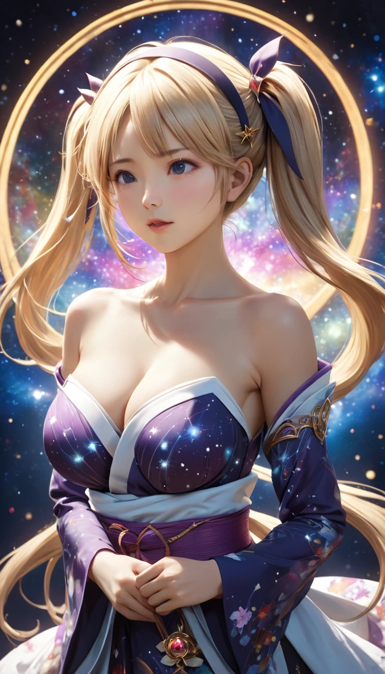 8k resolution, masterpiece, Highest quality, Award-winning works, unrealistic, Sexy Womanだけ, healthy body, Age 25, White wavy long hair, Twin tails, hair band, Large, firm, swaying bust, , elegant, Very detailed, Digital Painting, artステーション, コンセプトart, Smooth, Sharp focus, shape, artジャム、Greg Rutkowski、Alphonse Mucha、William Adolphe Bouguereau、art：Stephanie Law , Magnificent cosmic background, Royal Jewel, nature, Full Shot, Symmetric, Greg Rutkowski, Charlie Bowwater, beep, Unreal 5, Surreal, Dynamic Lighting, ファンタジーart, Complex色, Gion, , Small face, Very delicate look, Delicate eye depiction, Upper body close-up,, erotic, dynamic sexy pose, Sexy Woman, Healthy body shape, 24-year-old female, doaxvv_Marie Rose, witch, height: 160cm, firm bouncing busts, , Very long wavy blonde hair, Twin tails,, Glaring at the camera, look up, Invincible laughter, Complex, traditional Japanese Kimono, Japanese dance