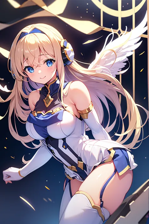 mecha wings、white and blue skirt、accentuated thighs、white tights、chest、beautiful golden hair、1 girl、solo girl、thick thighs、is、fr...