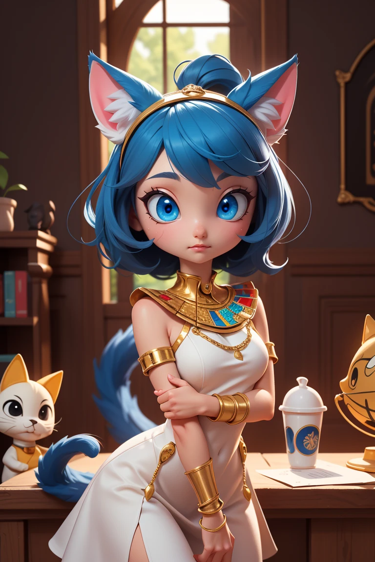 1girl，Artist Name，Egyptian cat，Blue Hair，skin，Keep your mouth shut，Wear，whole body，solo，Standing，猫Tail，Keep your mouth shut，Wear，Looking at the audience,Animal Crossing Furry, Blue Hair, Hair accessories, 黄skin, black eyes, White Dress, Tail, Egyptian Pyramids，mummy，Sunlight，sunny，(masterpiece), ((best quality), Detailed background, masterpiece, best quality, high quality, absurd, The award-winning, professional, Very detailed