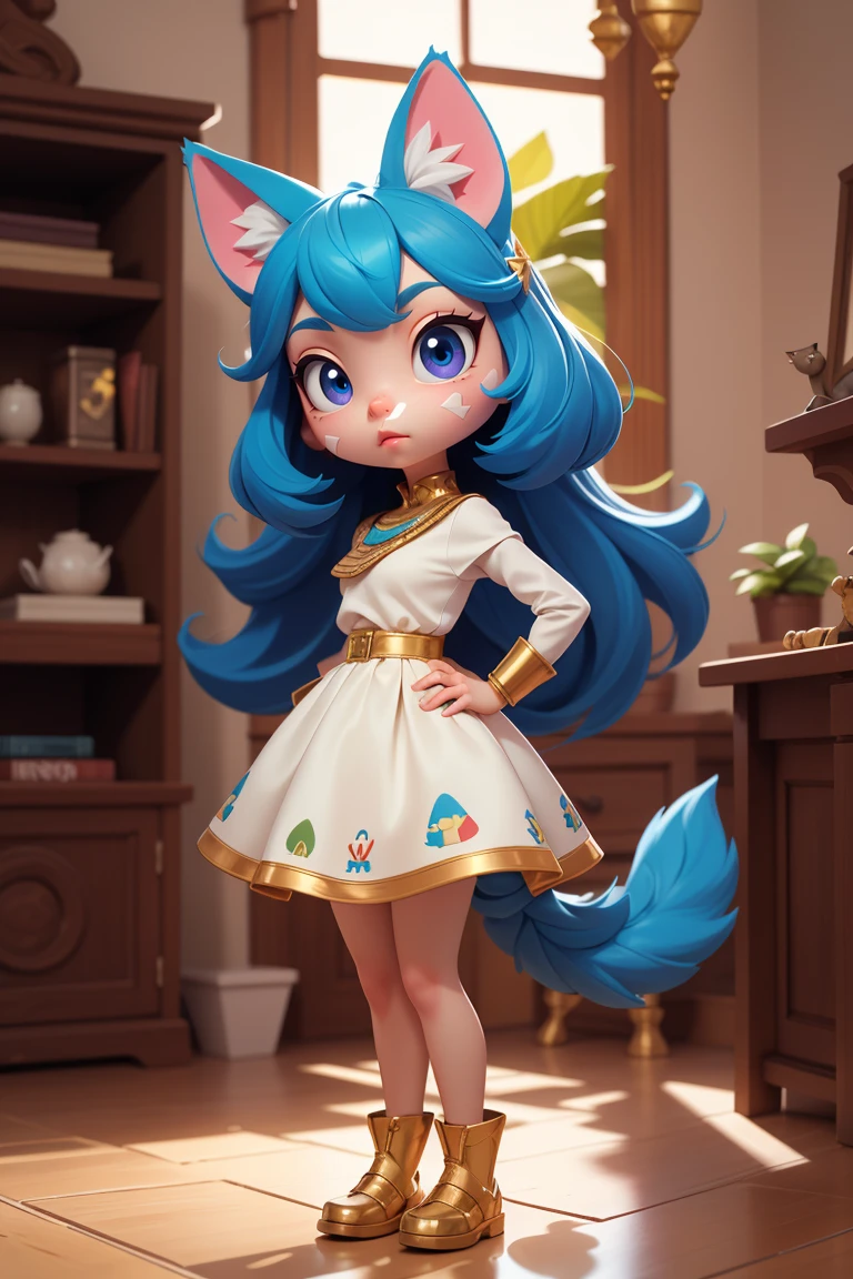 1 Mädchen，Künstlername，Ägyptische Katze，Blaue Haare，Haut，halt die Klappe，tragen，ganzer Körper，Allein，Stehen，猫Schwanz，halt die Klappe，tragen，Blick ins Publikum,Animal Crossing Furry, Blaue Haare, Haar-Accessoires, 黄Haut, schwarze Augen, weißes Kleid, Schwanz, ägyptische Pyramiden，Mumie，Sonnenlicht，Sonnig，(Meisterwerk), ((beste Qualität), detaillierter Hintergrund, Meisterwerk, beste Qualität, gute Qualität, absurd, Das preisgekrönte, Fachmann, Sehr detailiert