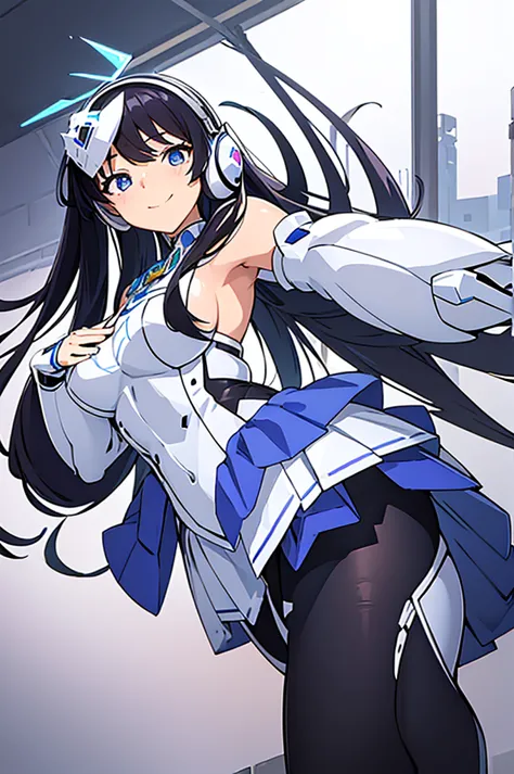 mecha wings、white and blue skirt、accentuated thighs、white tights、chest、beautiful black hair、1 girl、solo girl、thick thighs、is、fra...