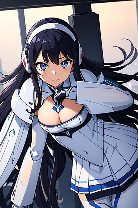 mecha wings、white and blue skirt、accentuated thighs、white tights、chest、beautiful black hair、1 girl、solo girl、thick thighs、is、fra...