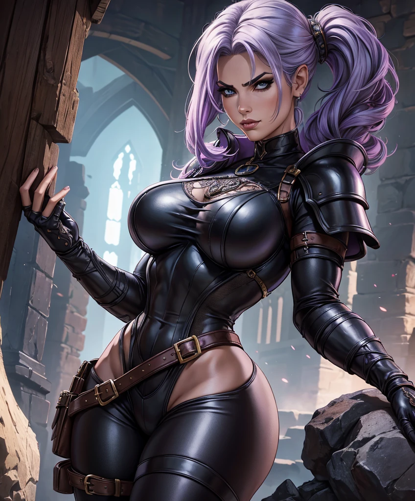 score_9, score_8_up, score_8,  (((Single character image.))) (((1girl))) (((Solo))) (((Dressed in medieval fantasy attire.)))   (((She wears medieval fantasy attire.))) 18 years old. 18yoThis is a fantasy character portrait. Design a dangerous and sleek female mercenary for a fantasy setting. This is a ruthless mercenary who is dark and sneaky. She looks like a femme fatale in leather clothes. The clothes are black with purple trim and she has a darkly attractive appearance. (((The colors in the image are dark and muted.))) Her hair is long and white and in an exotic style. She is powerful, dangerous and a slender and sleek figure in a dark fantasy setting. Firm breasts. Alluring appearance. Seductive. Dangerously sexy. She wears form-fitting armor, gorgeous face, Dungeons & Dragons character portrait, intricate details, ultra detailed, very intense appearance, ultra detailed clothes, epic masterpiece, ultra detailed, intricate details, award winning, fantasy art concept masterpiece, trending on Artstation, digital art, unreal engine, 8k, ultra HD, centered image, best quality, official art, beautiful and aesthetic:1.2), extreme detailed, colorful, highest detailed, best quality:1.0,hyperealistic:1.0,photorealistic:1.0,madly detailed CG unity 8k wallpaper:1.0,masterpiece:1.3,madly detailed photo:1.2, hyper-realistic lifelike texture:1.4, picture-perfect:1.0,8k, HQ,best quality:1.0, .