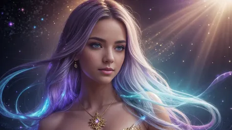 Create a stunning portrait of an ethereal young woman surrounded by a mesmerizing display of magical elements. The woman should ...