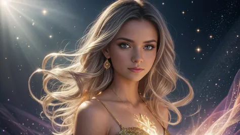 Create a stunning portrait of an ethereal young woman surrounded by a mesmerizing display of magical elements. The woman should ...