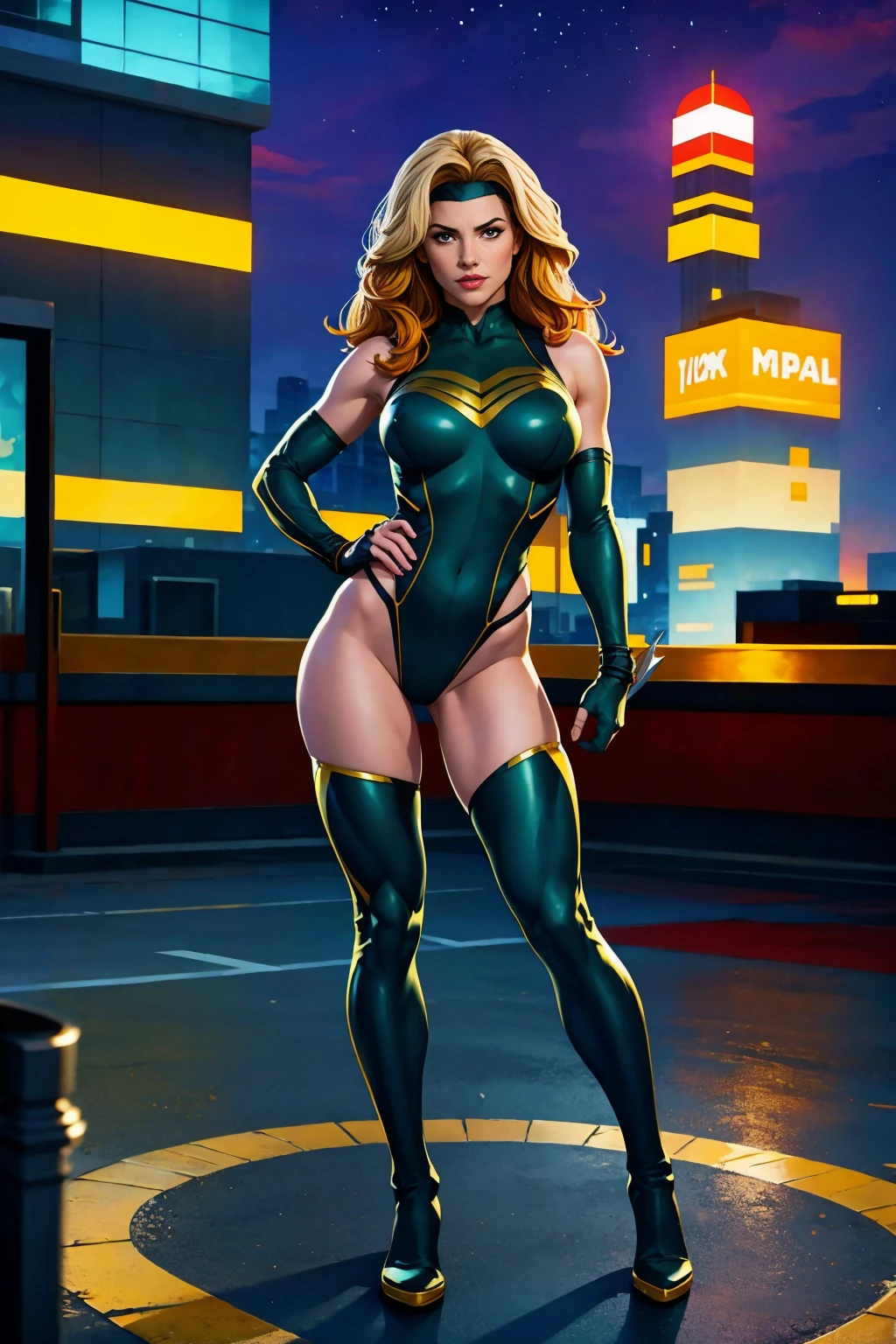 ((Full body photo, standing, feet on the floor)) (best quality,4k,8k,highres,masterpiece:1.2),ultra-detailed,(realistic,photorealistic,photo-realistic:1.37),full body shot,Rogue,X-Men,yellow thigh high boots,beauty pose, standing tall, show feet, outside, city rooftop at night, green headband