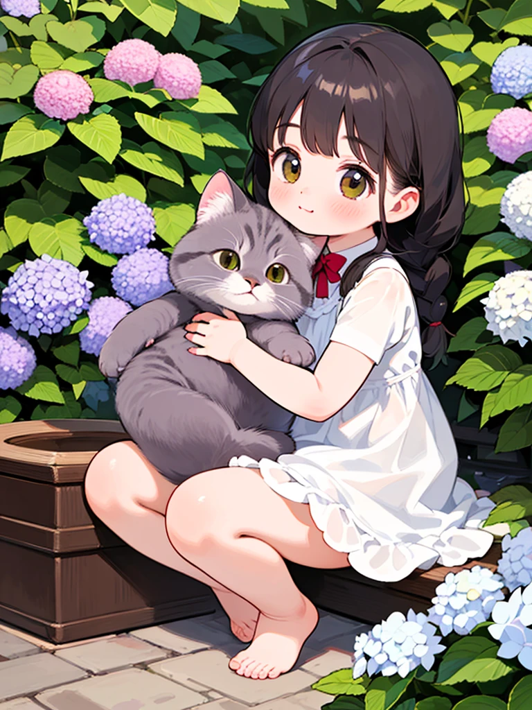 (Highest quality，4K，8k，High resolution，masterpiece:1.2), Very detailed, (Deformed, Realistic, Realistic:1.3)，One Girl，cute，Very short stature，，Have fun and laugh, Brown eyes，length, fluffy, Black hair braids，White Dress，Hug a cat，The cat is much bigger than the girl..，The cat is a Russian blue..，その猫はfluffy，The background of summer vacation is the garden of a country house，Hydrangea，