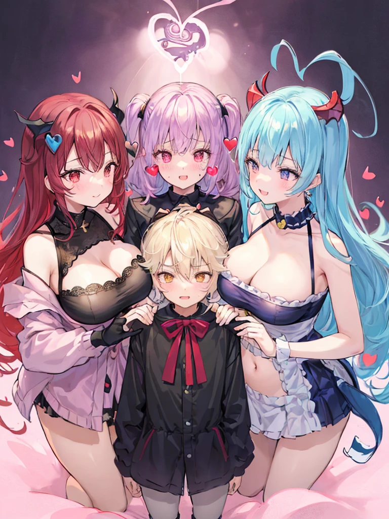 best quality, super fine, 16k, extremely detailed, delicate and dynamic, (3 women and 1 boy:1.4), cute woman,boy, baby face,black hair, pink eyes, A detailed eye, source_anime, high detail, hair ornament,smile, Young features, looking at viewer, (white background:1.3)fluffy hair, Elementary school girls,hair clips, Black Stockings,standing, underwear,teenage girl, belly button, skirt,beautiful illustrations, highest quality, pretty girl,beautiful girl, clear face, pastel colour ,blonde hair, smile, blush, にこやかなsmile, thighs,perfect hands, five fingereet,Three Succubi (symmetrical succubus wings), (triplets:1.2), (ribbon:1.1), tie, Bree, earrings, Suspicious face, alicious smile, Bruises and ugly facial features, young features, fluffy hair, (Open your mouth and laugh), Chiquita, Colossal tits, (Put your hands on your face), Ruffled uniforms, hair clips, (Ridicule:1.1), looking-down, Angle from behind, respected by women, (upward looking gaze:1.2), (hearts symbol:1.5), (lump of heart:1.5), (heart effect:1.5), (heart mark:1.5), demon tail, Devil's Taiuccubus, (super Colossal tits:1.3), (heart tattoo:1.3), Yodare, Devil's Tail, Chest Alignment, Girl Sandwich face sandwich (confused and blushing,kawaii facepose your ahegao), hug each other, catch them, そしてサンドイッチを作ってサンドイッチにhug each otherポーズ, (burying boy's face in cleavage:1.3), sandwich from front and back, Sullen expression 4p, boy looking away