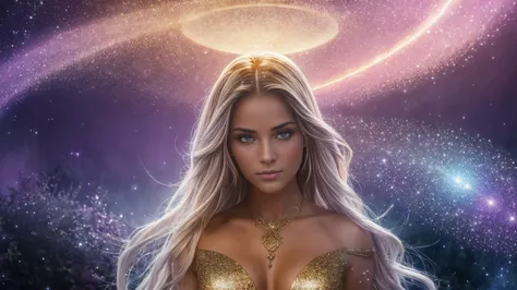 Create a stunning portrait of an ethereal young woman surrounded by a mesmerizing display of magical elements. The woman should ...